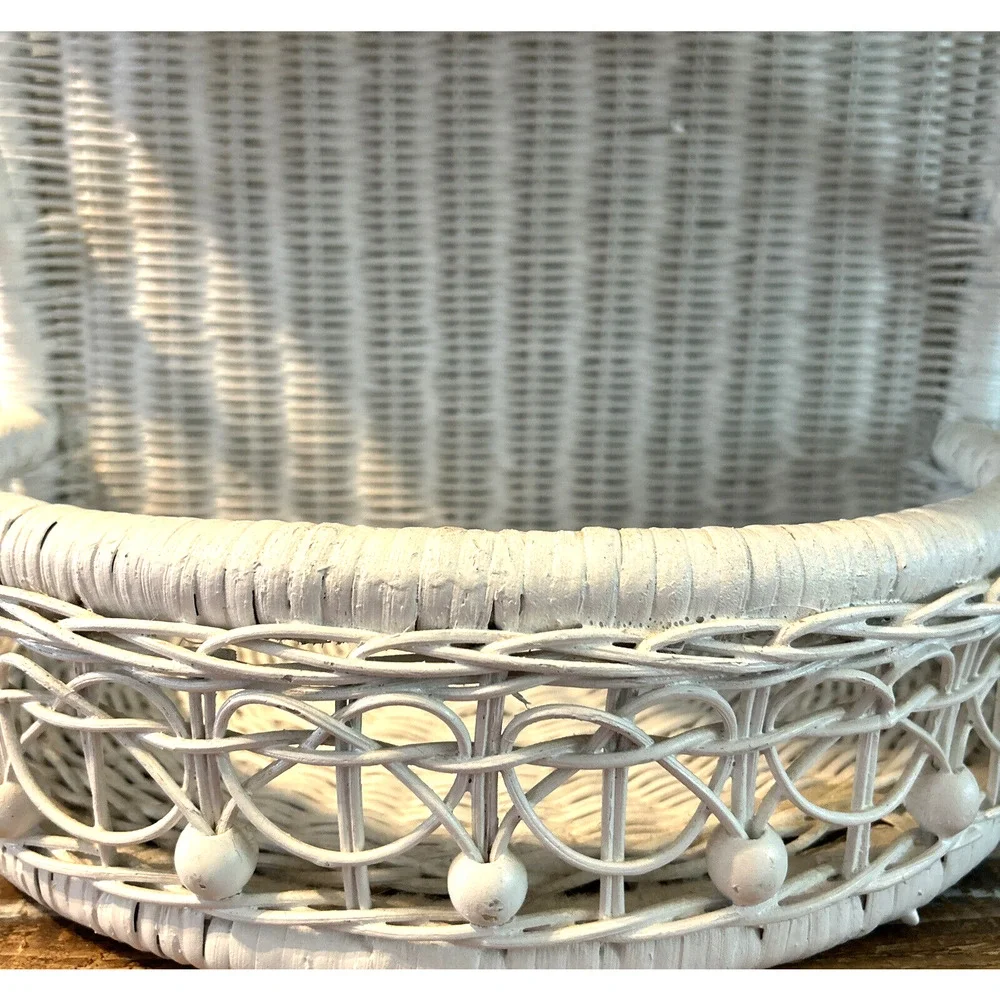 Vintage White Wicker Wall Shelf 2 Tier Hanging Standing Boho Cottage Farmhouse